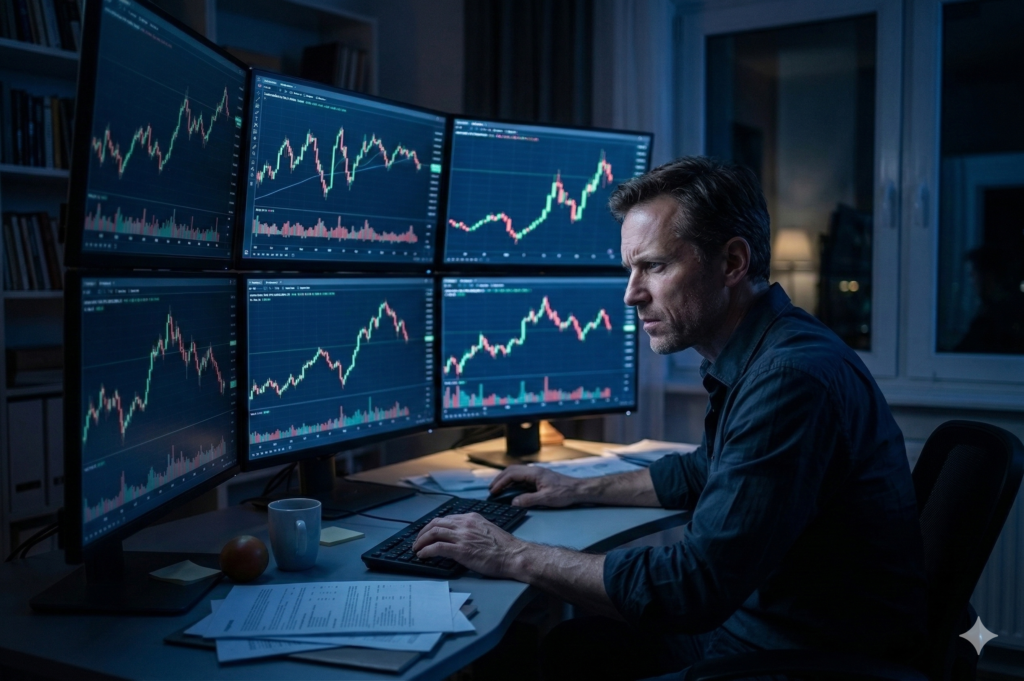 직장인 투자 5년 실패를 경험한 전업투자자가 밤늦게 주식 차트를 분석하는 모습